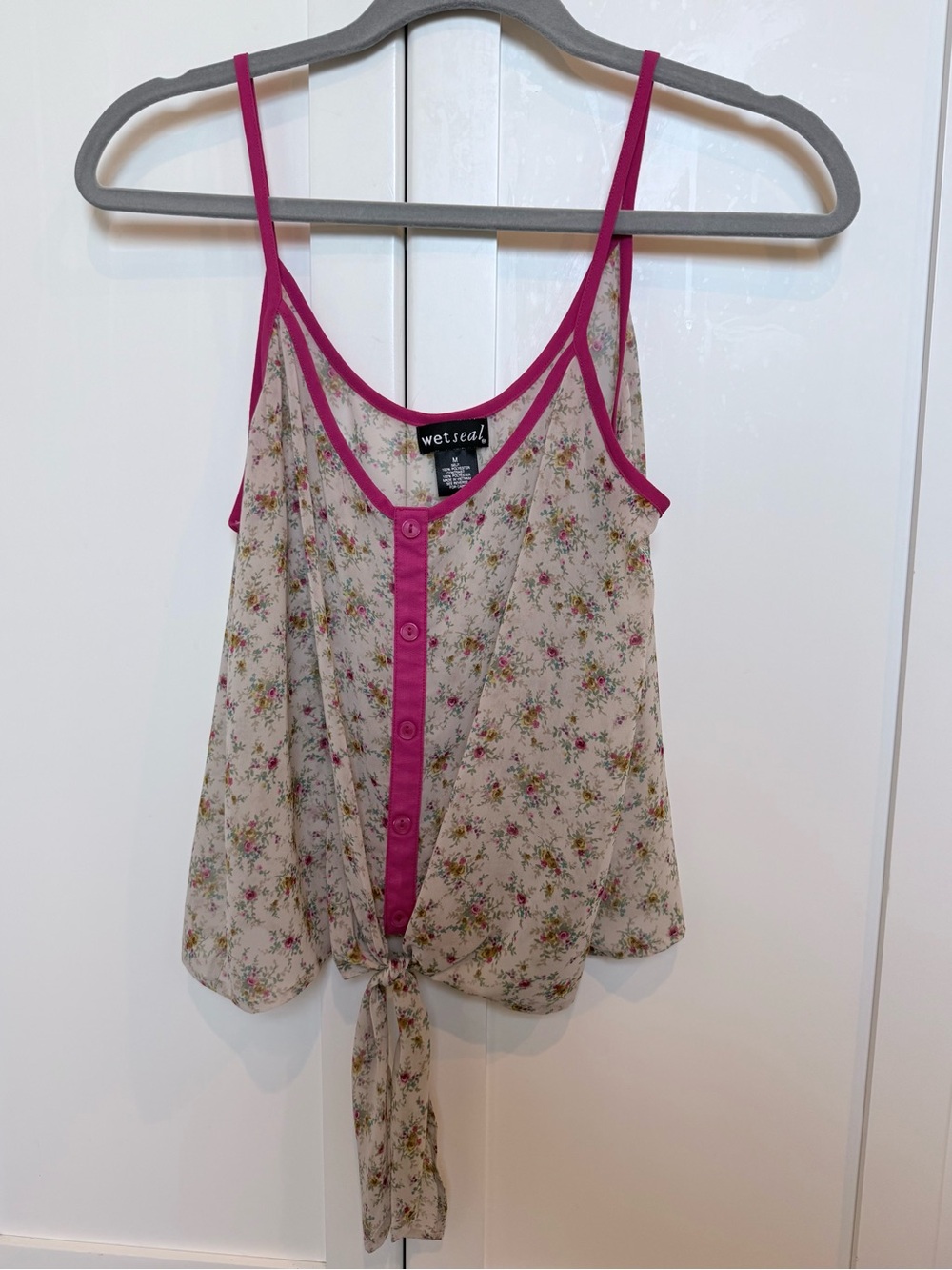 Cream Floral Cami with Pink Trim and Front Tie